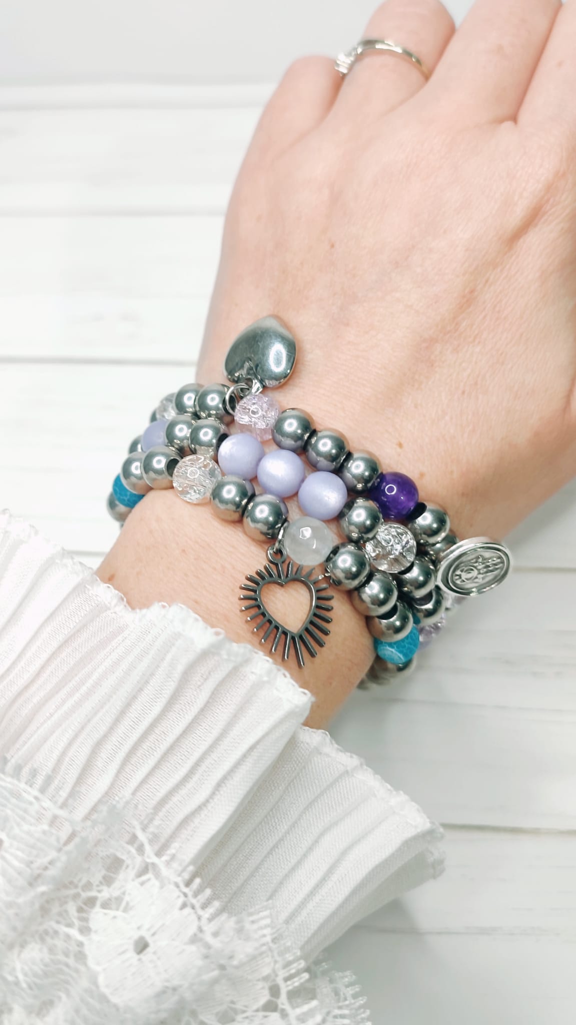 Pulsera Bolas Turquesa y Corazón